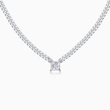 Princess cut moissanite Cuban link chain necklace with square pendant, white gold vermeil