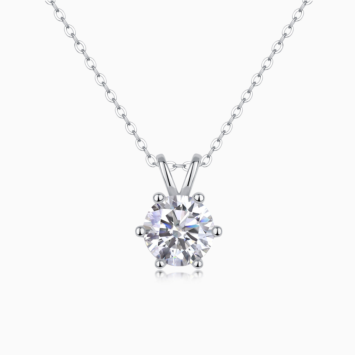 Round moissanite crown solitaire pendant, 6-prong setting, white gold vermeil chain