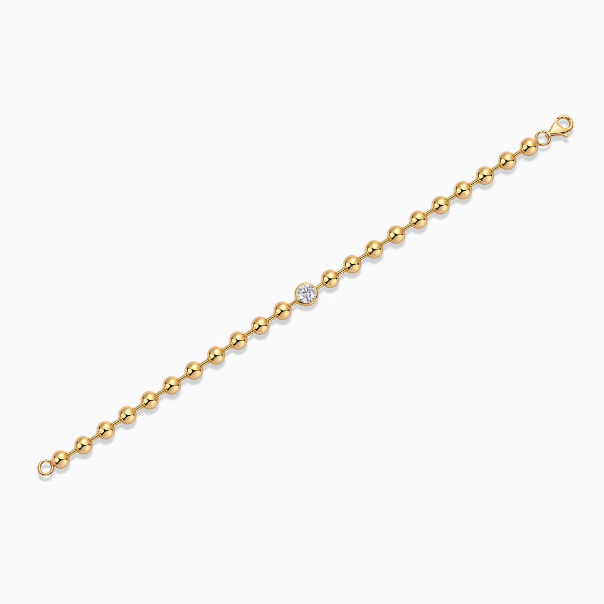 Yellow gold vermeil moissanite bracelet extender with round bead links and bezel stone