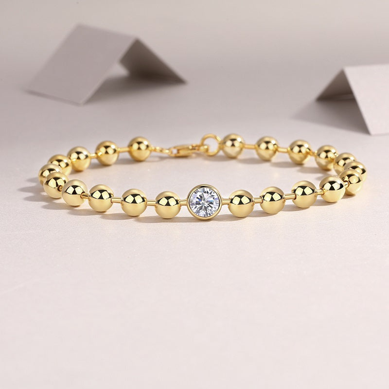 Moissanite bezel bubble ball bracelet, gold bead chain with bezel-set round stone