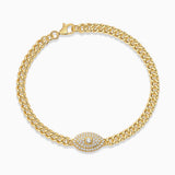 Yellow gold vermeil Cuban link bracelet with sparkling evil-eye oval center, 7.5in