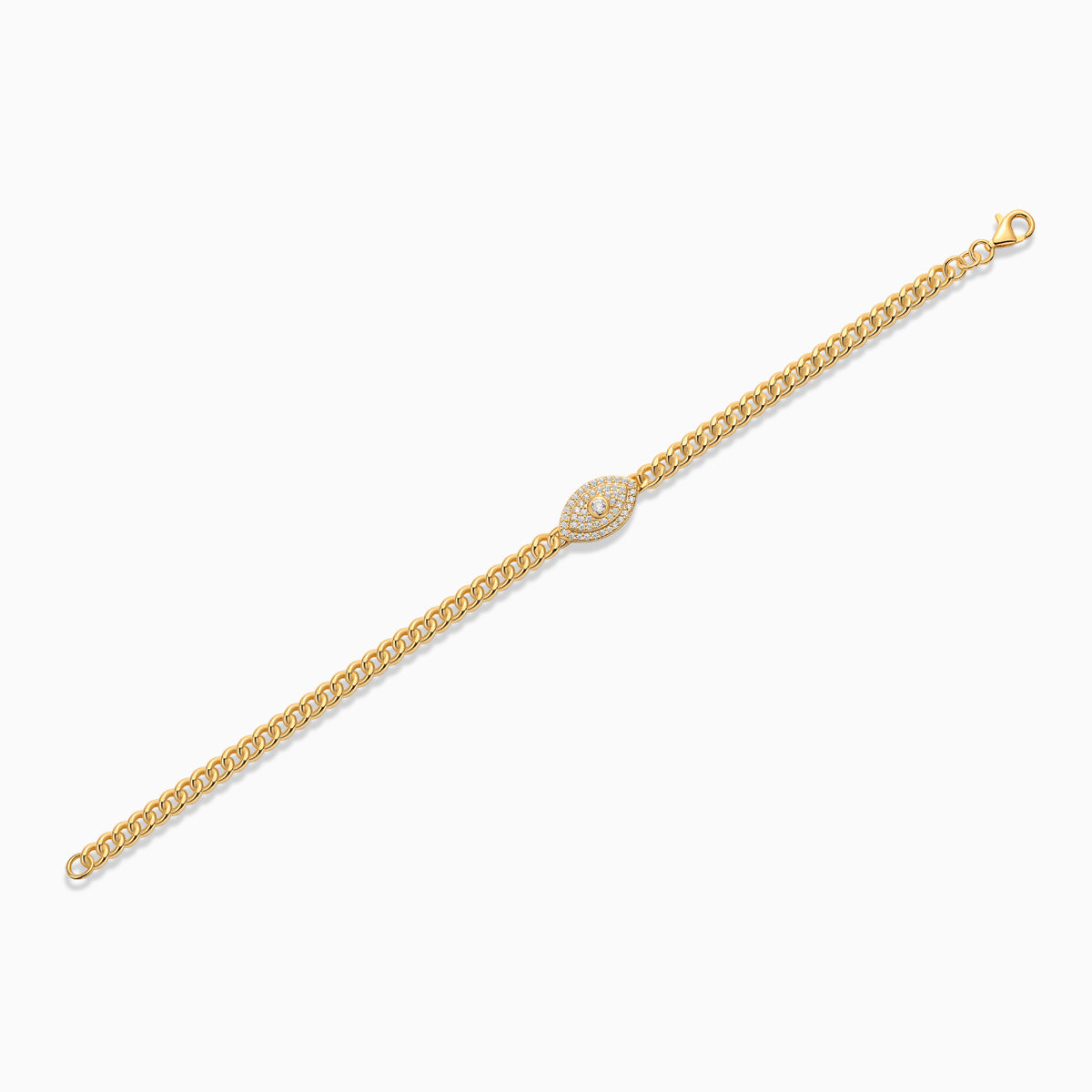 Long bracelet chain in yellow gold vermeil with evil-eye oval center, 7.5in