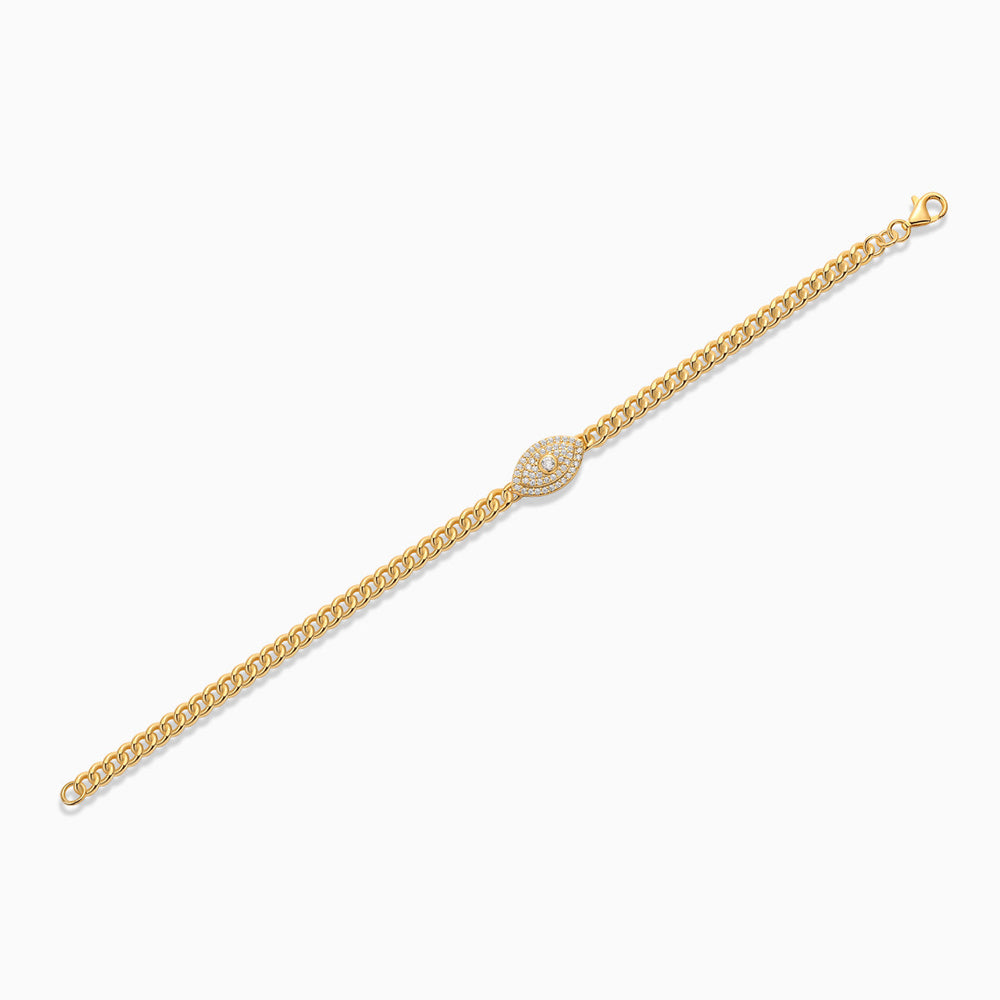 Long bracelet chain in yellow gold vermeil with evil-eye oval center, 7.5in