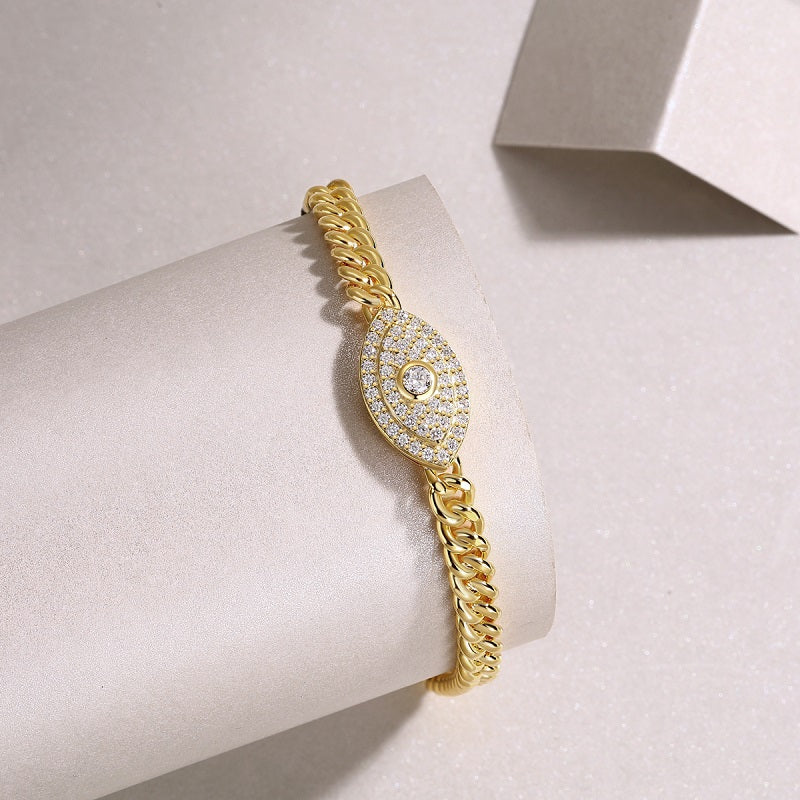 Yellow gold vermeil evil-eye oval charm bracelet, pavé sparkle detail