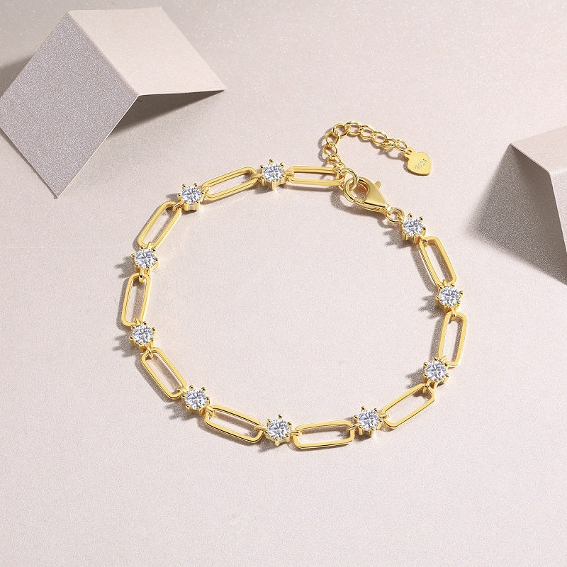 Moissanite Paperclip Chain Armband, Gelbgold-Vermeil, mit Steinen entlang der Glieder