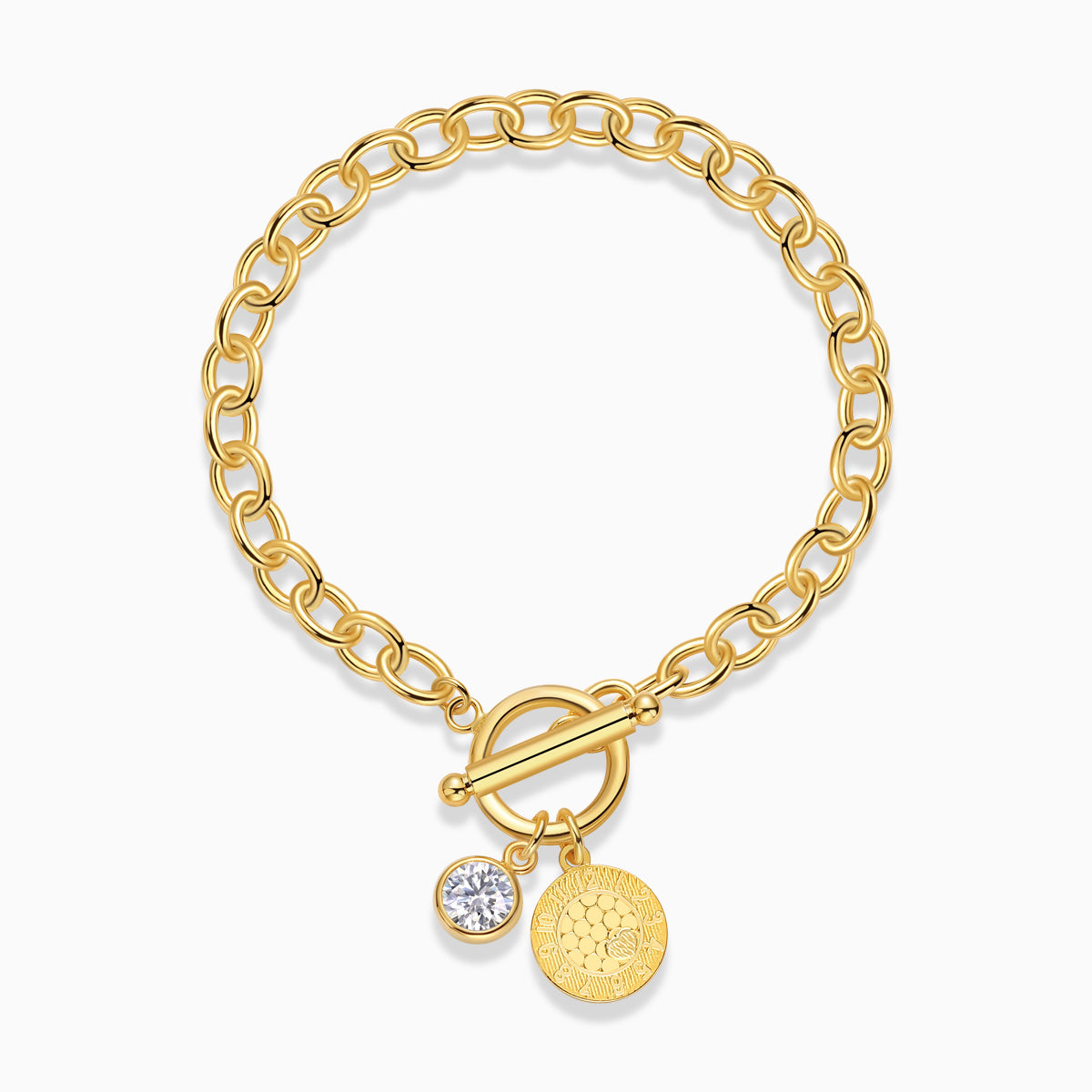 Moissanite toggle chain bracelet in yellow gold vermeil with coin charm and round stone