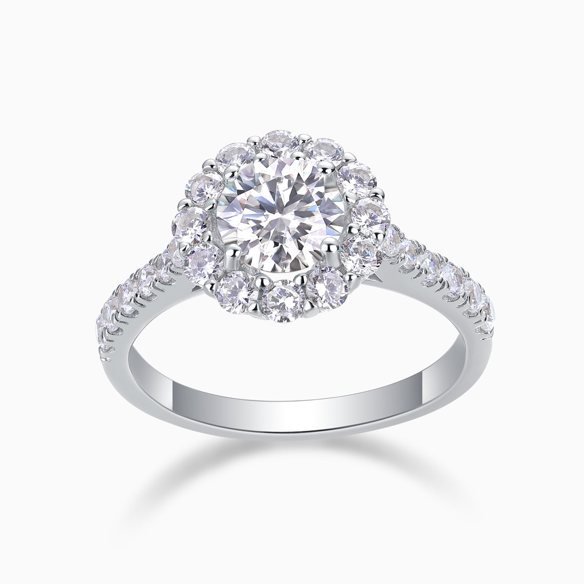 Round halo moissanite engagement ring with pavé band, white gold vermeil