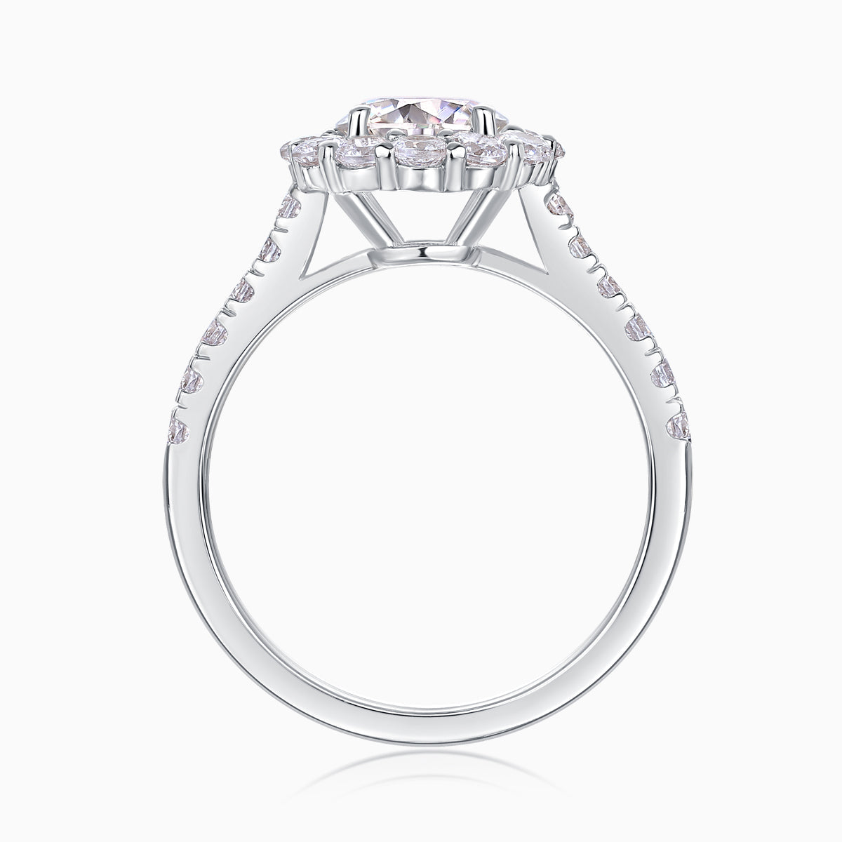 Top view of halo moissanite engagement ring, prong-set center stone, white gold vermeil