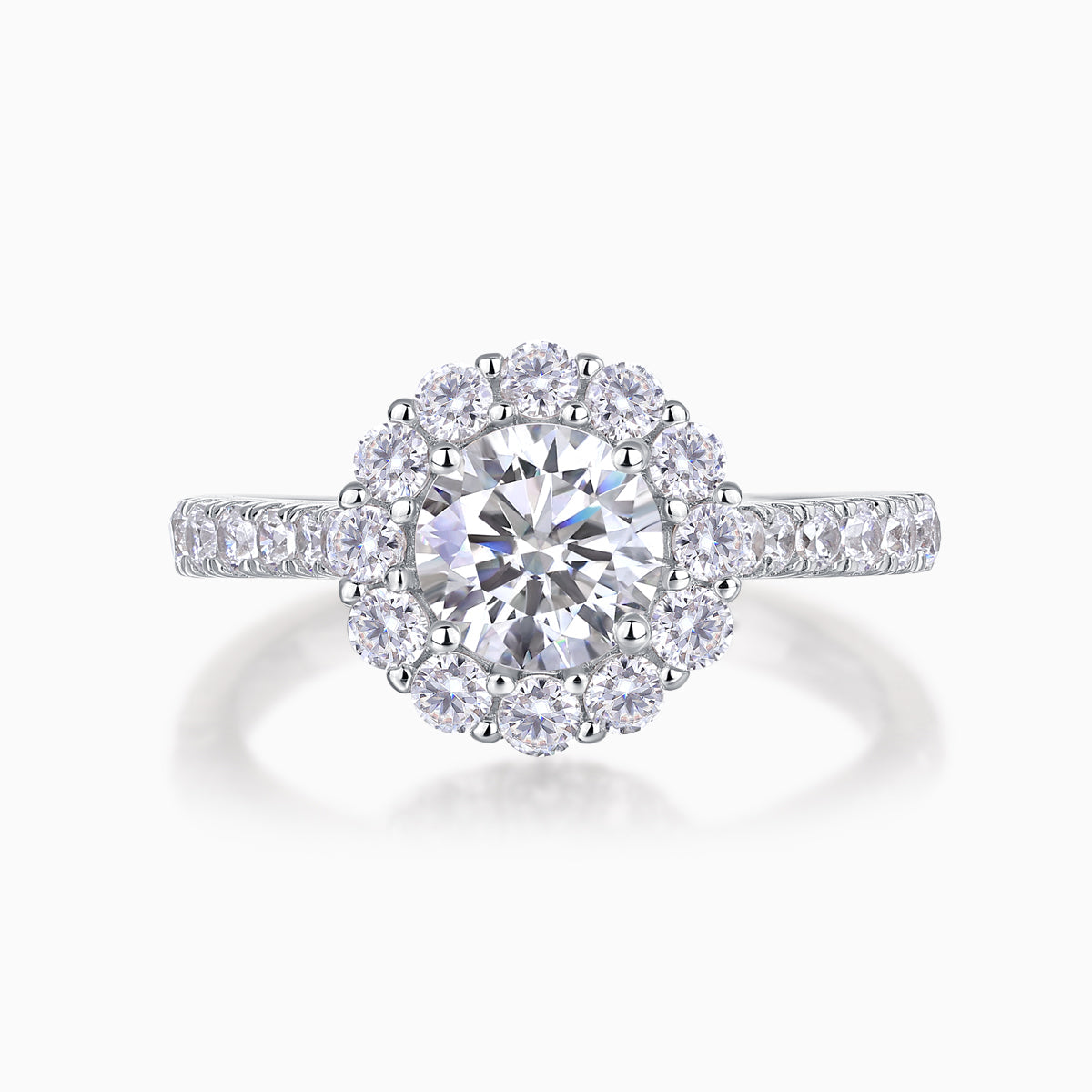 Round halo moissanite engagement ring with pavé shoulders, white gold vermeil