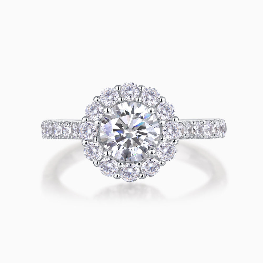 Round halo moissanite engagement ring with pavé shoulders, white gold vermeil