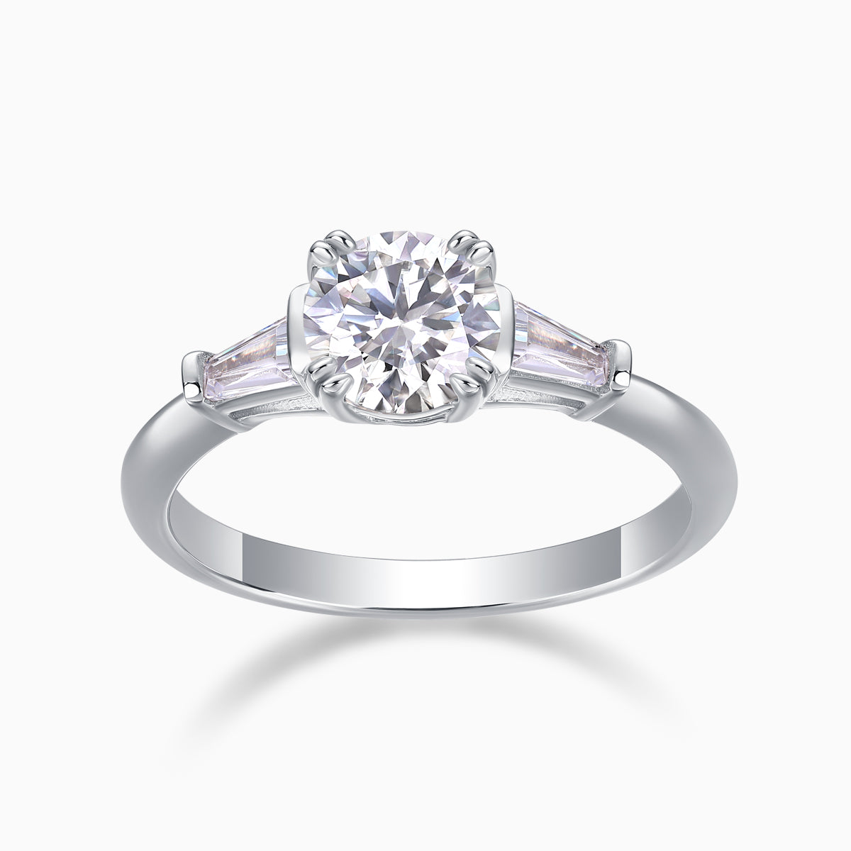 Three-stone round moissanite engagement ring, white metal band with center round stone