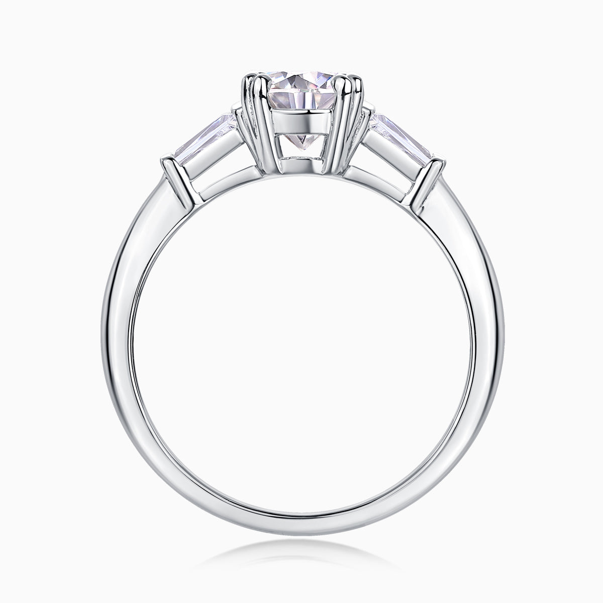 White metal ring top view with round moissanite center in prong setting