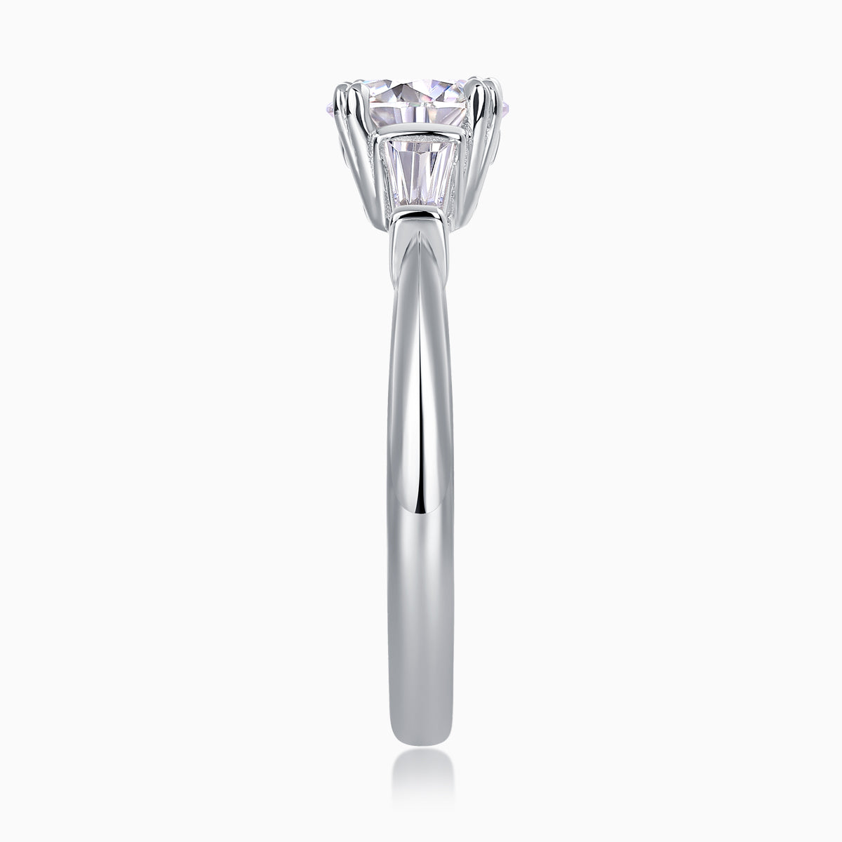 White metal ring shank with raised prong-set round moissanite center