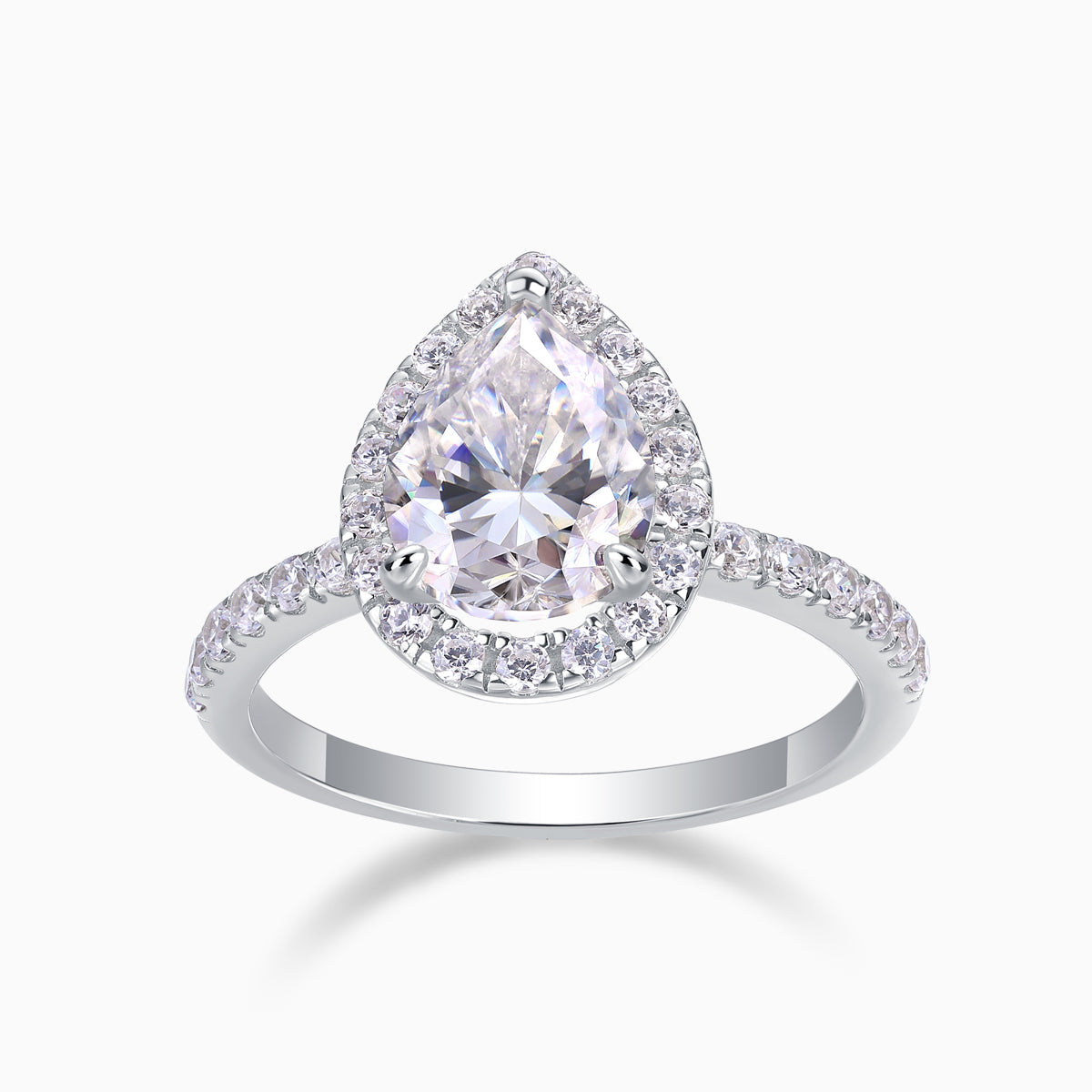Pear-cut halo engagement ring in white gold vermeil with round micro-pavé border