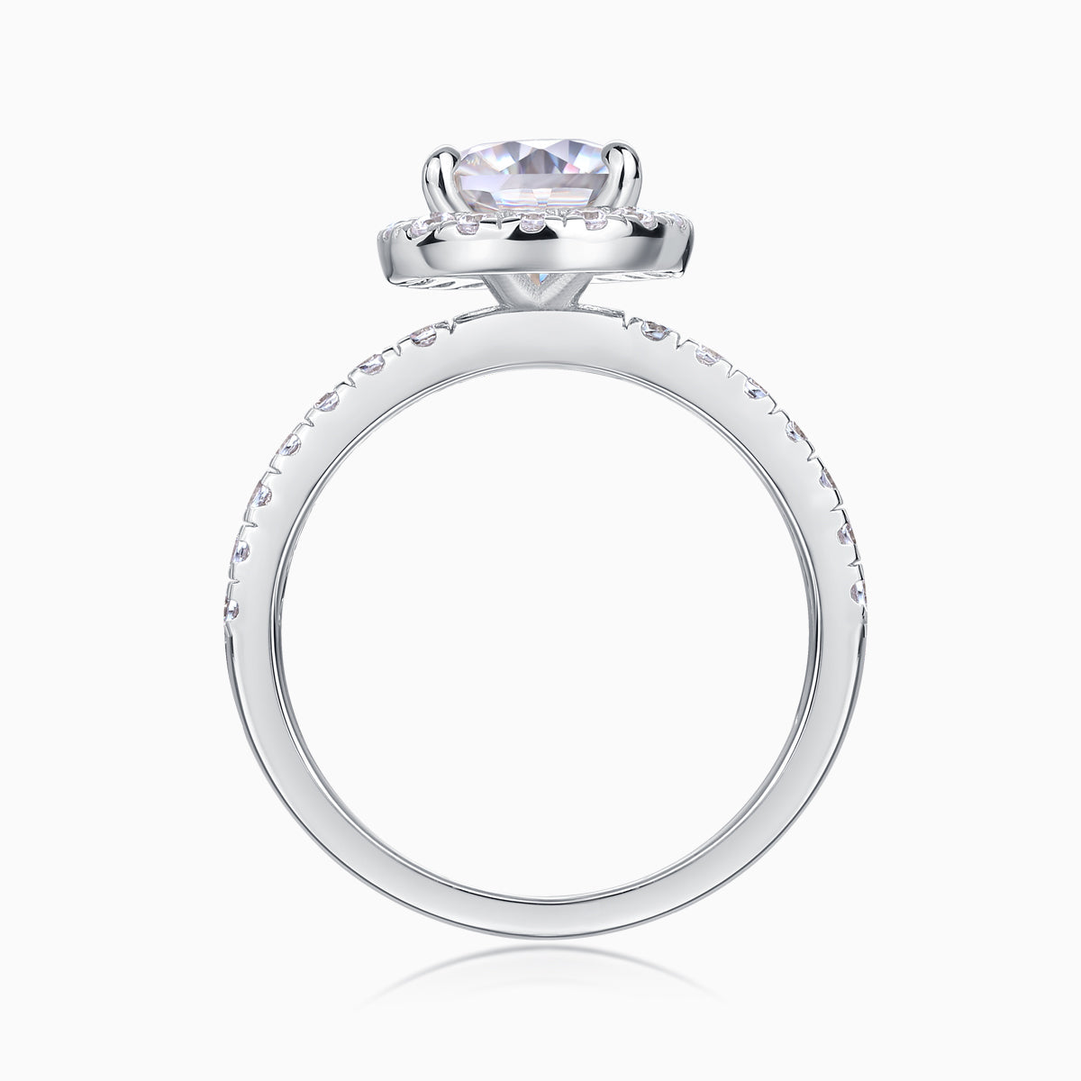 Back view of pear-cut halo engagement ring setting, white gold vermeil