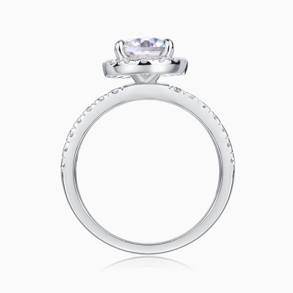 Back view of pear-cut halo engagement ring setting, white gold vermeil