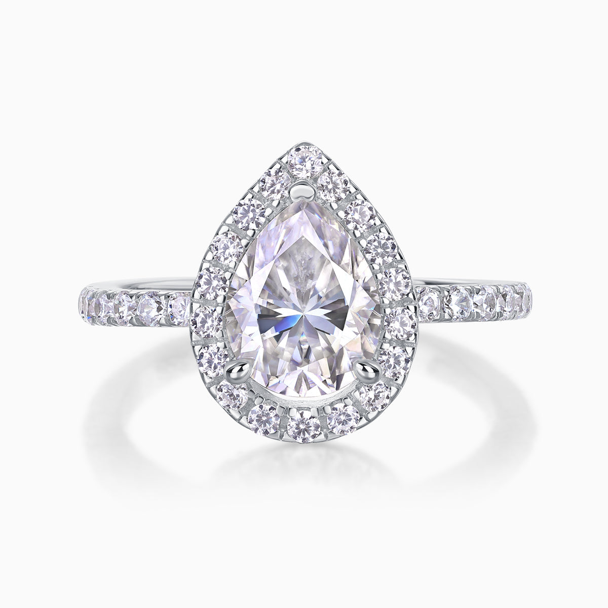 Front view of pear-cut halo engagement ring in white gold vermeil with pavé split band