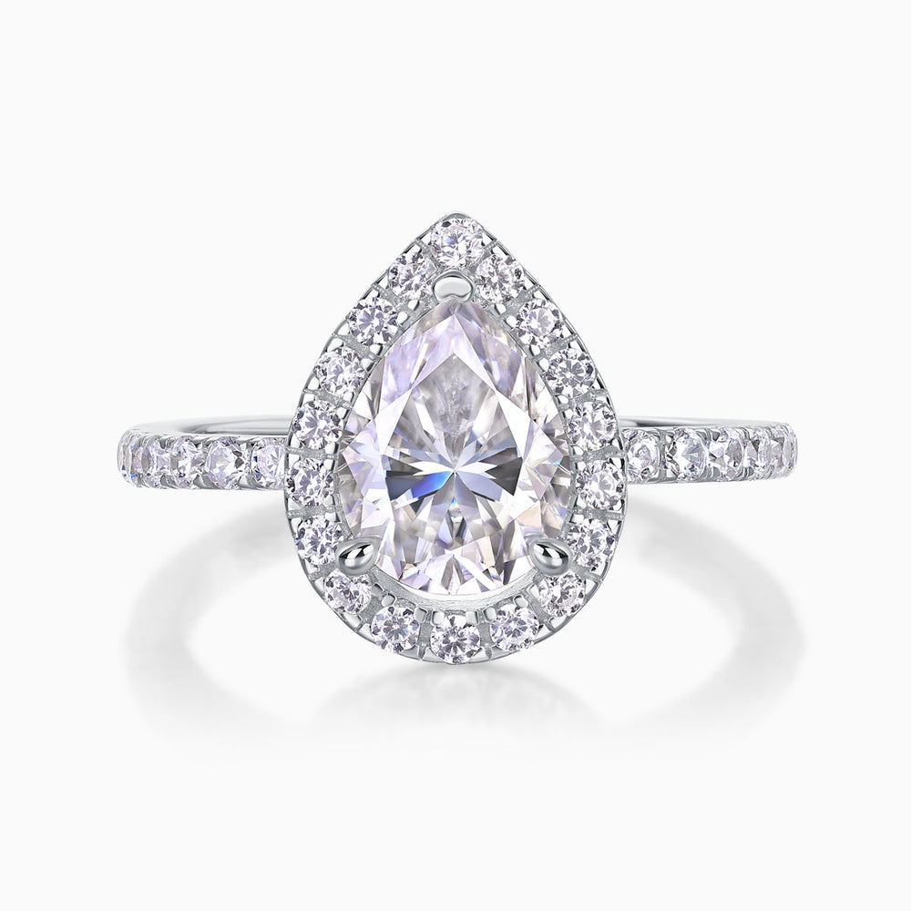 Front view of pear-cut halo engagement ring in white gold vermeil with pavé split band