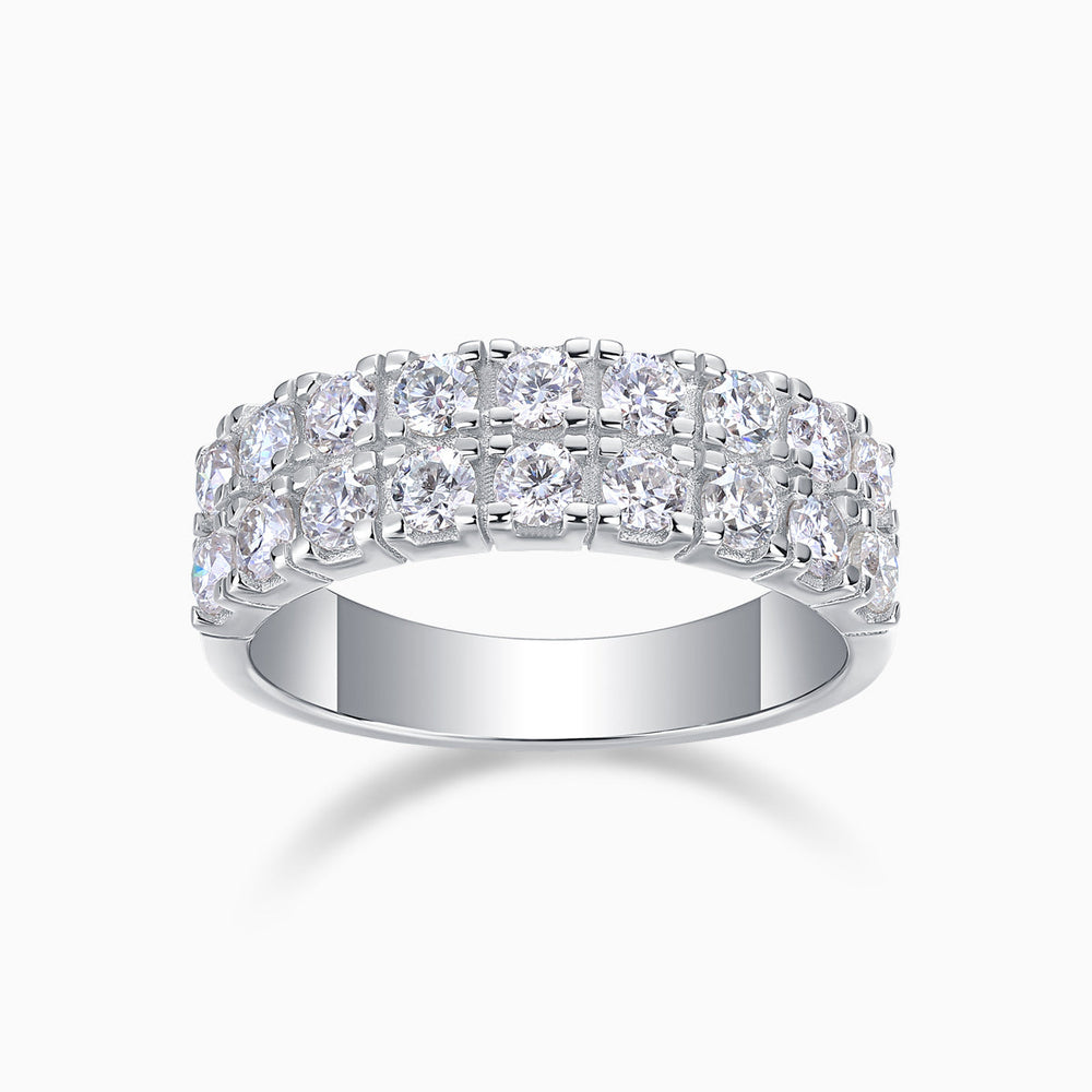 Double-row moissanite half pavé band ring with bright round stones and split-shank design