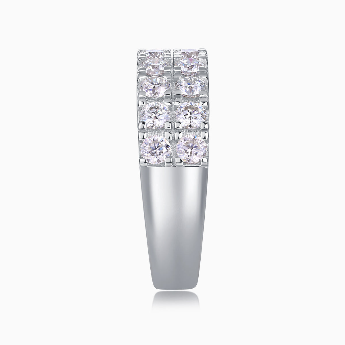 Moissanite half pavé double-row band ring side view, showing stone-set top and band