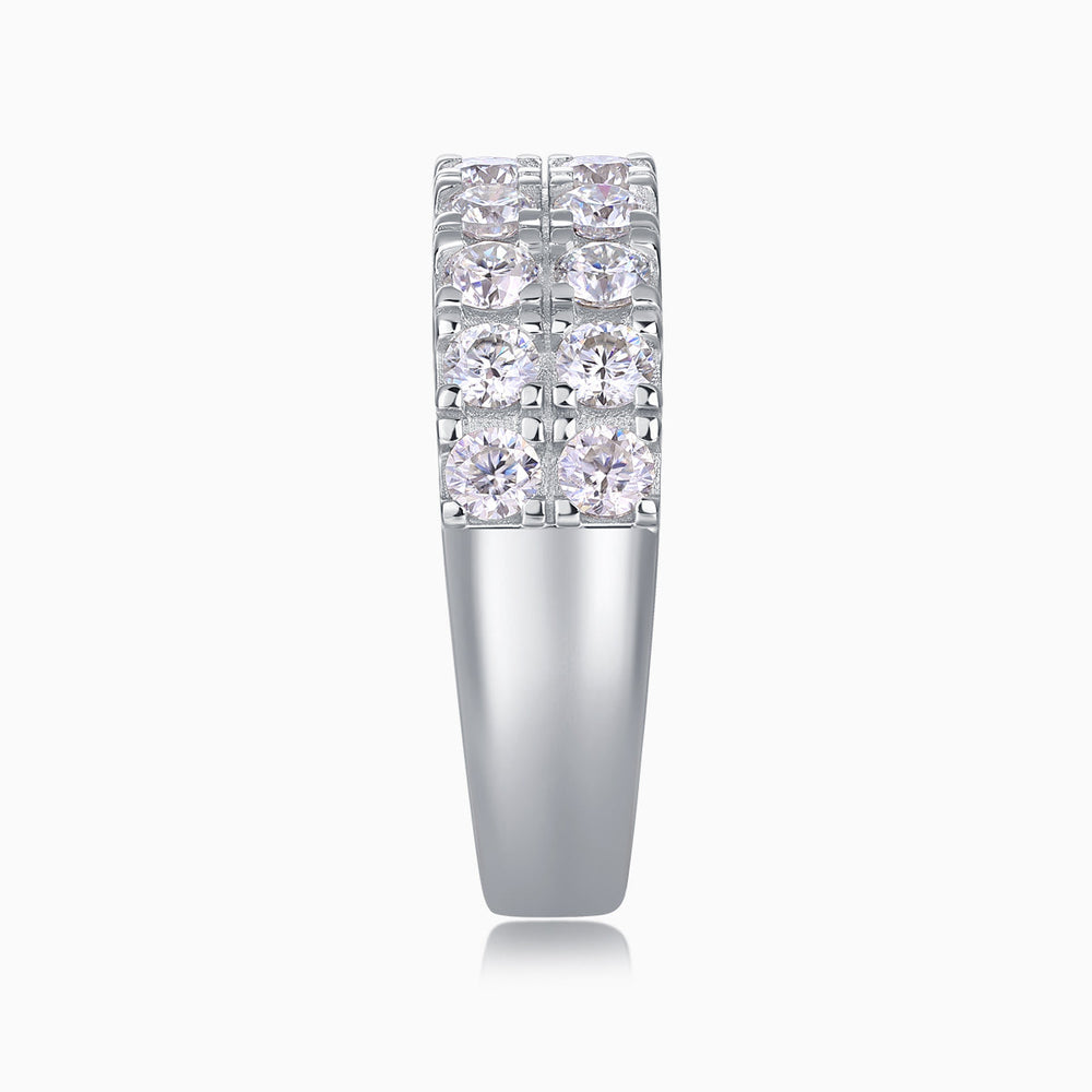 Moissanite half pavé double-row band ring side view, showing stone-set top and band