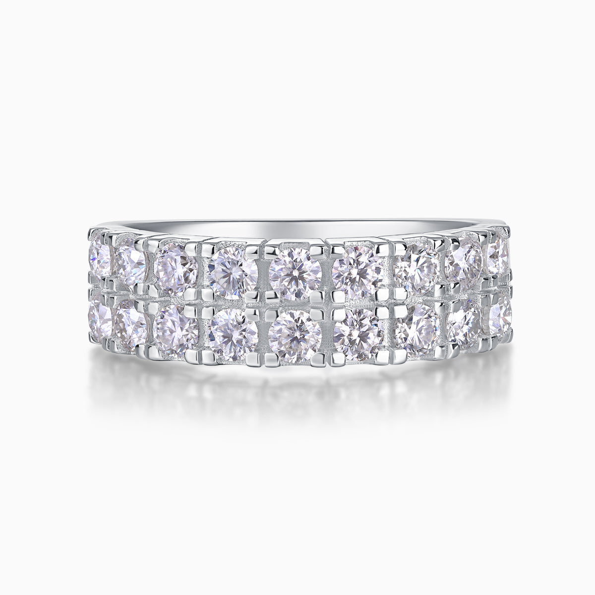 Moissanite half pavé double-row band ring front view with evenly spaced stones