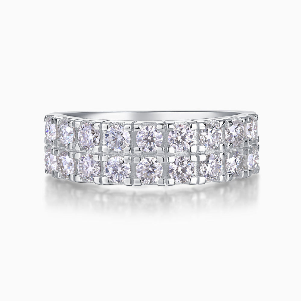 Moissanite half pavé double-row band ring front view with evenly spaced stones