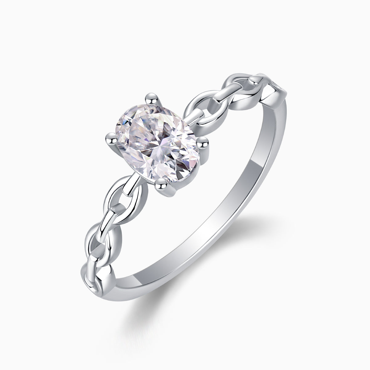 Oval moissanite engagement ring with chain link band, oval center stone front view
