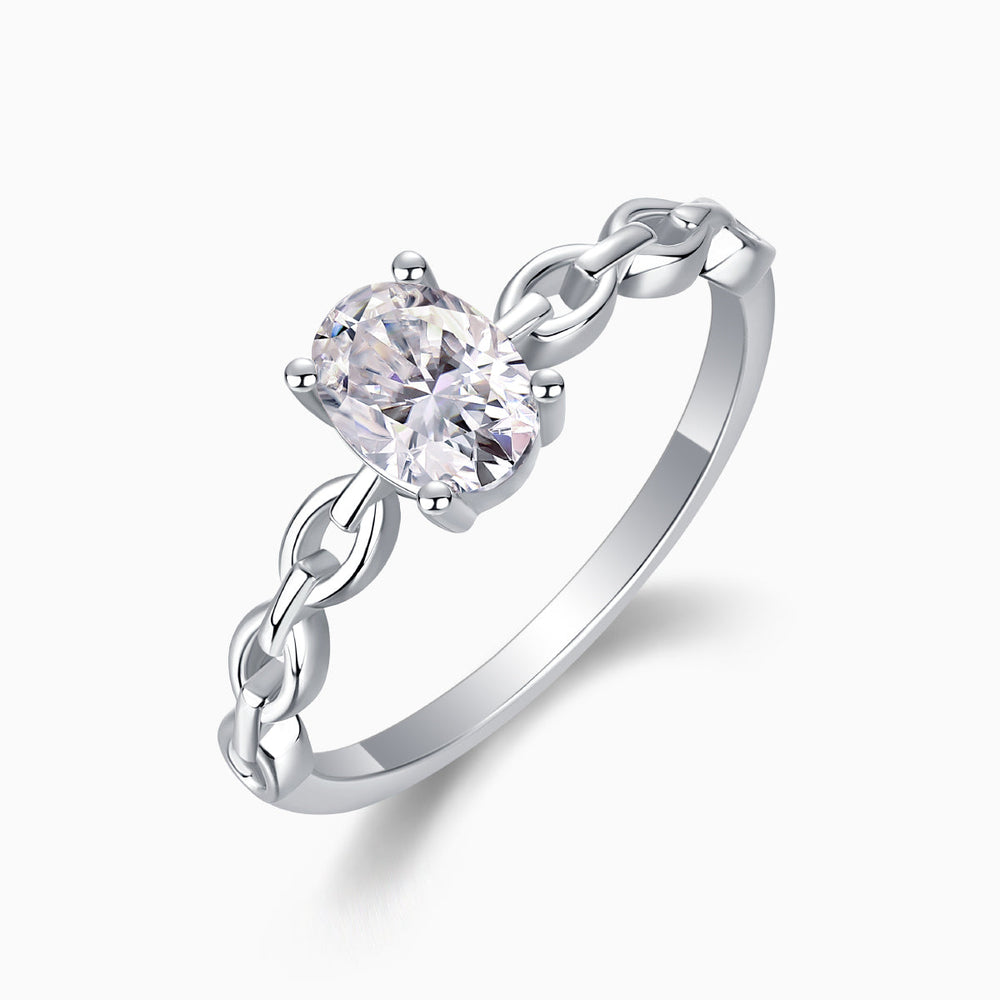 Oval moissanite engagement ring with chain link band, oval center stone front view
