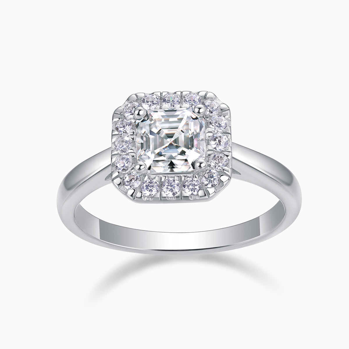 Asscher-cut solitaire moissanite ring, white gold vermeil, halo with small stones