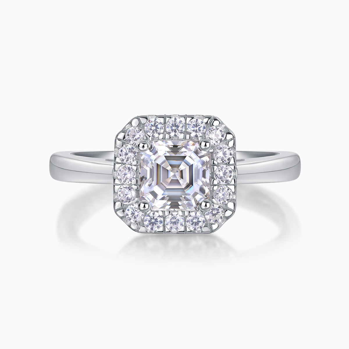 Asscher-cut solitaire moissanite ring with square halo and clustered side stones