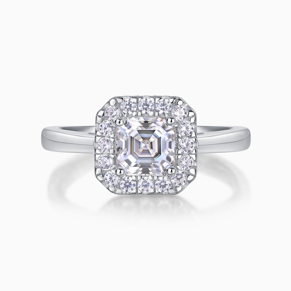 Asscher-cut solitaire moissanite ring with square halo and clustered side stones