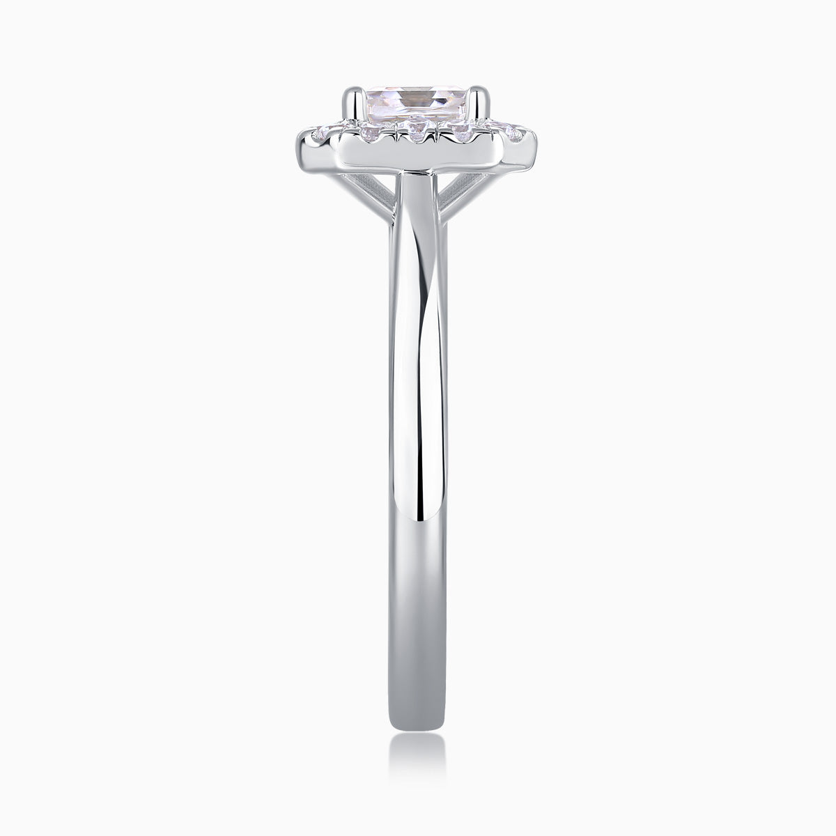 Asscher-cut moissanite engagement ring, square center stone in prong setting