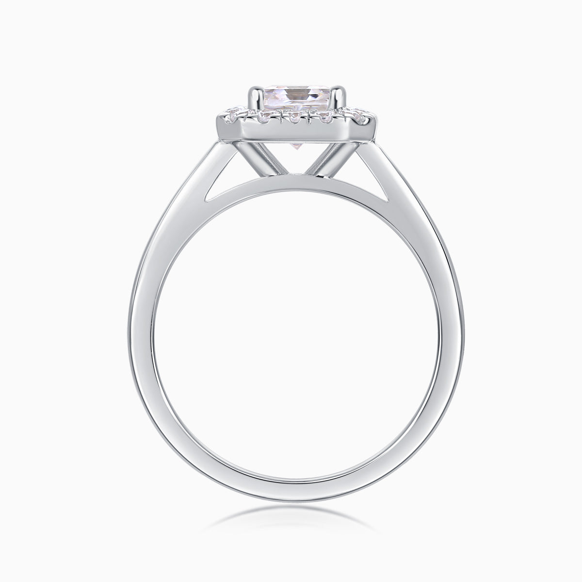 Asscher-cut moissanite ring side view, halo prongs around the square center stone