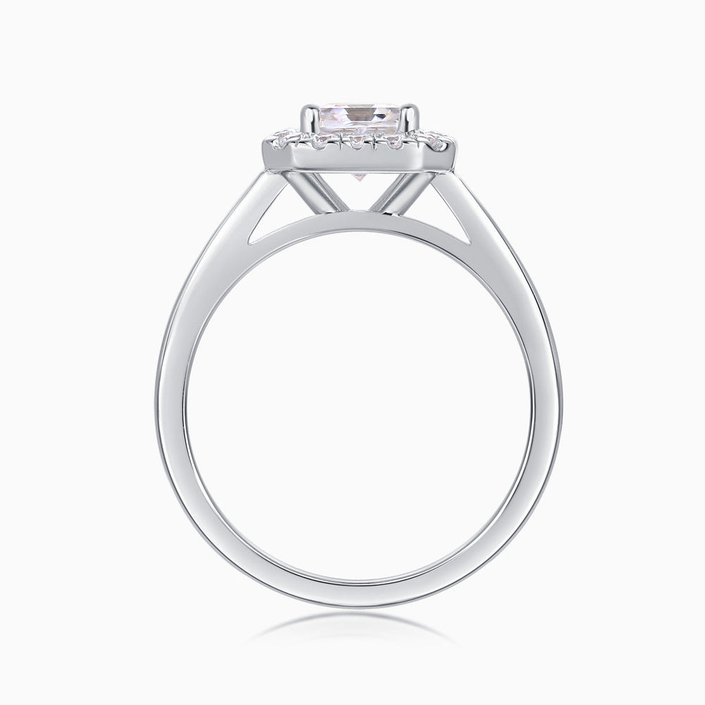 Asscher-cut moissanite ring side view, halo prongs around the square center stone