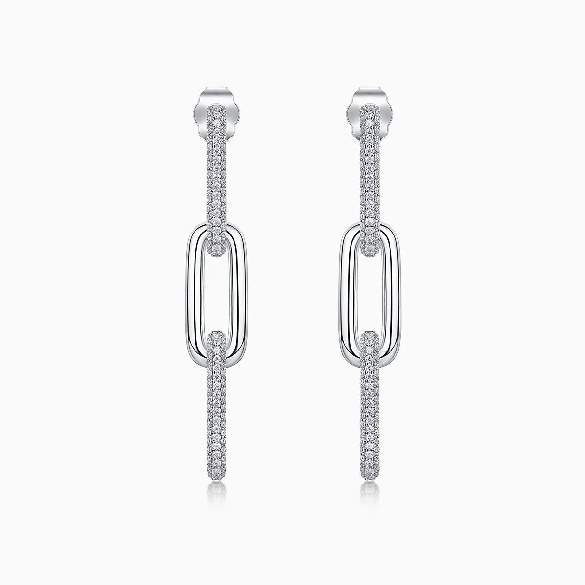 White gold vermeil pavé bar paperclip drop earrings, oval link with bright stones