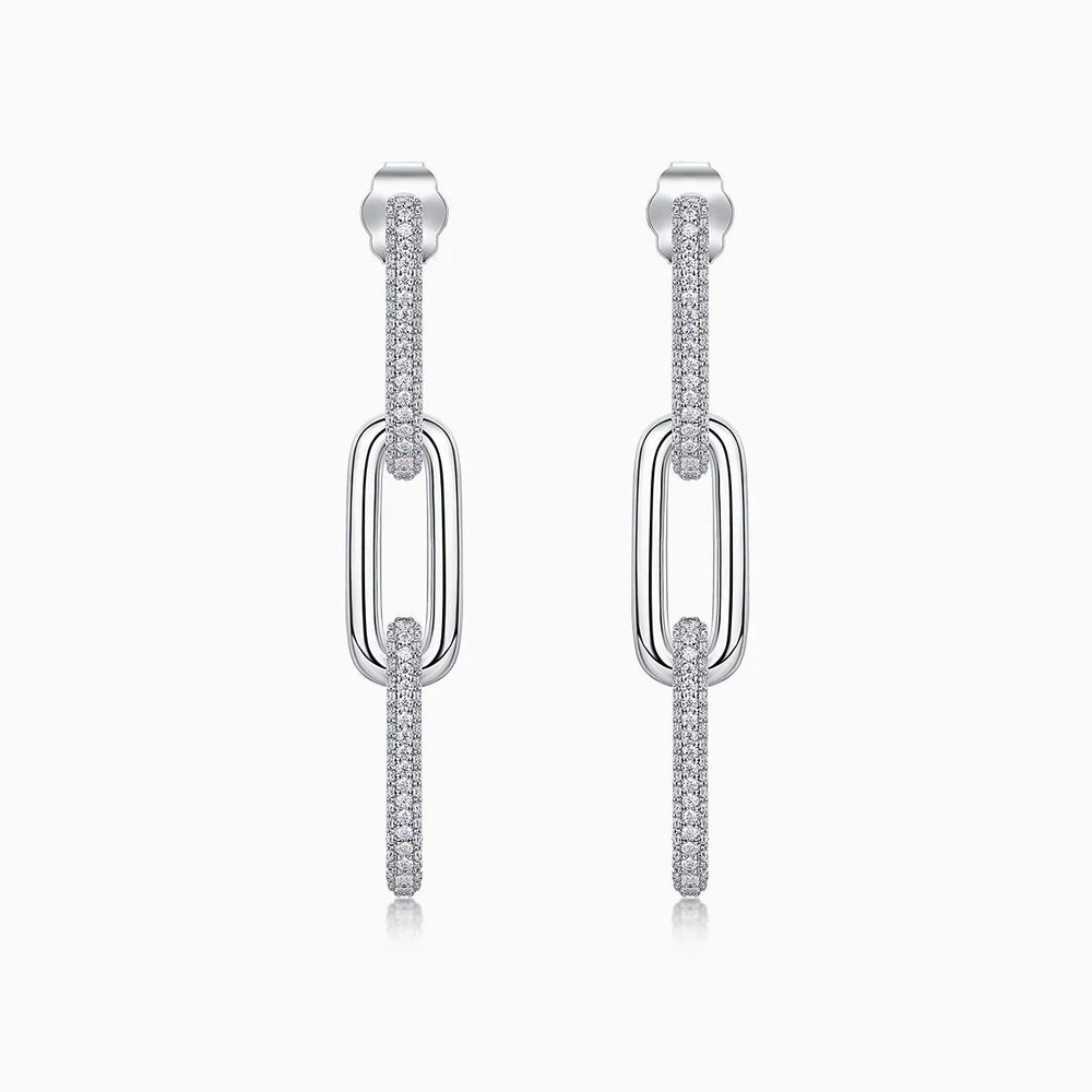 White gold vermeil pavé bar paperclip drop earrings, oval link with bright stones
