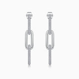 White gold vermeil pavé bar paperclip drop earrings, oval link with bright stones
