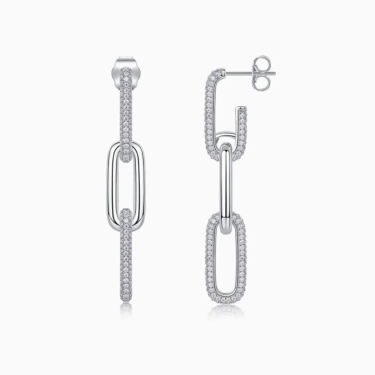 Pavé bar paperclip drop earrings, front and side views with stud back and oval link