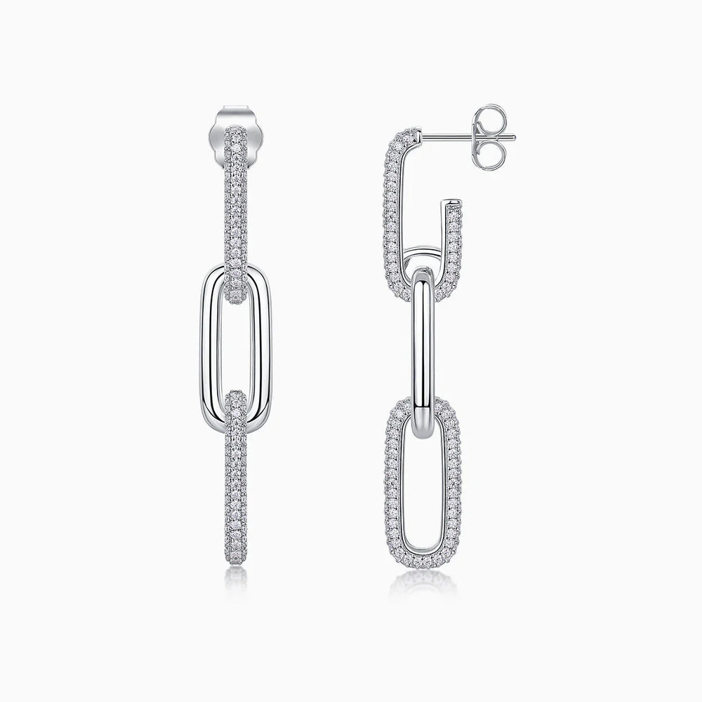Pavé bar paperclip drop earrings, front and side views with stud back and oval link