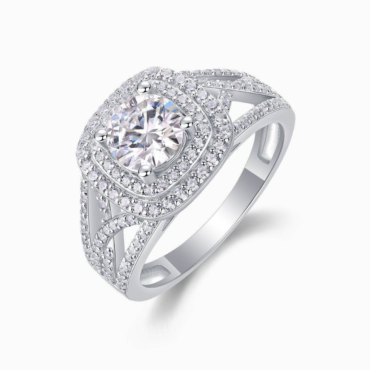 Angled view of moissanite cushion halo engagement ring in white gold-plated metal