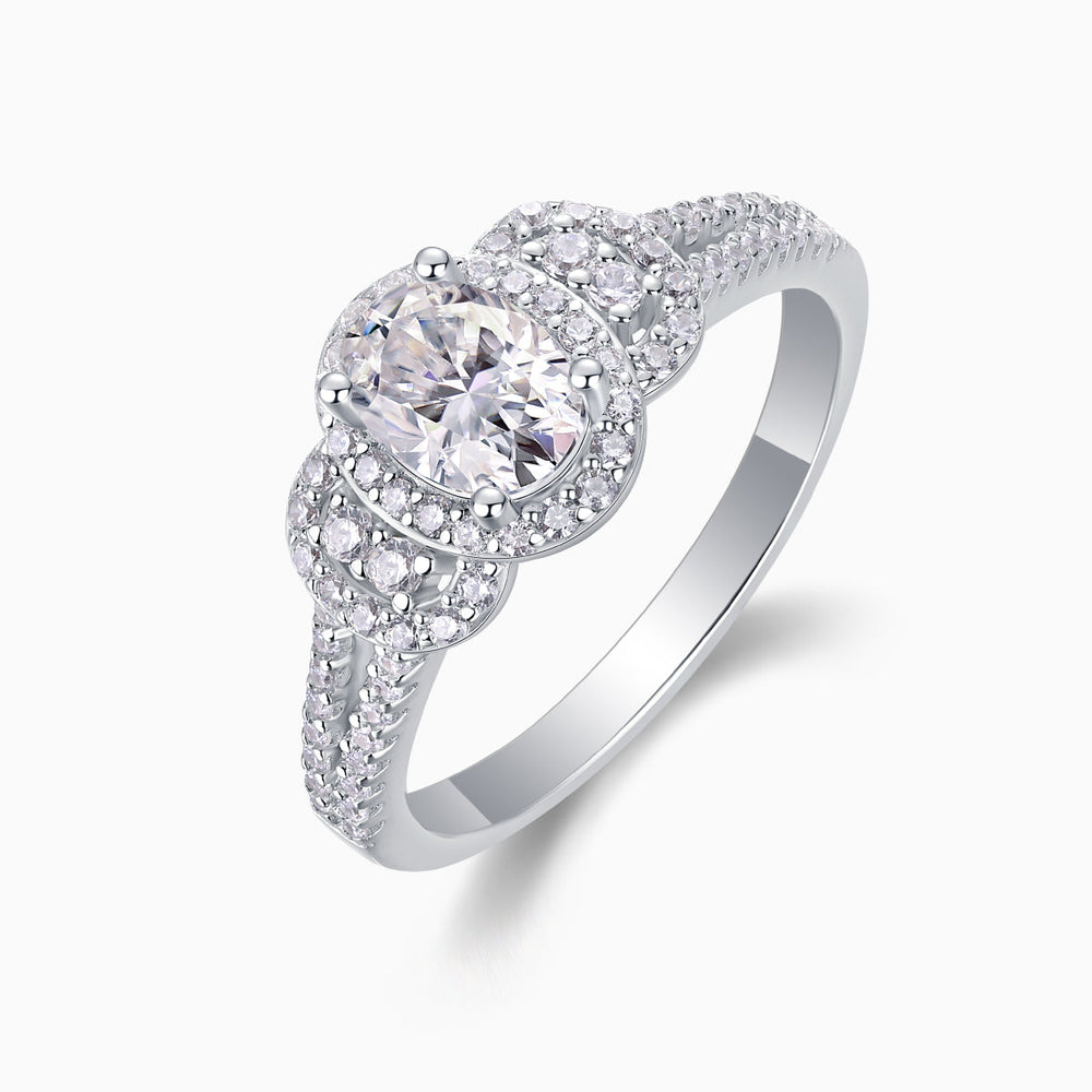 Oval halo moissanite ring, double pavé setting and band, white gold vermeil