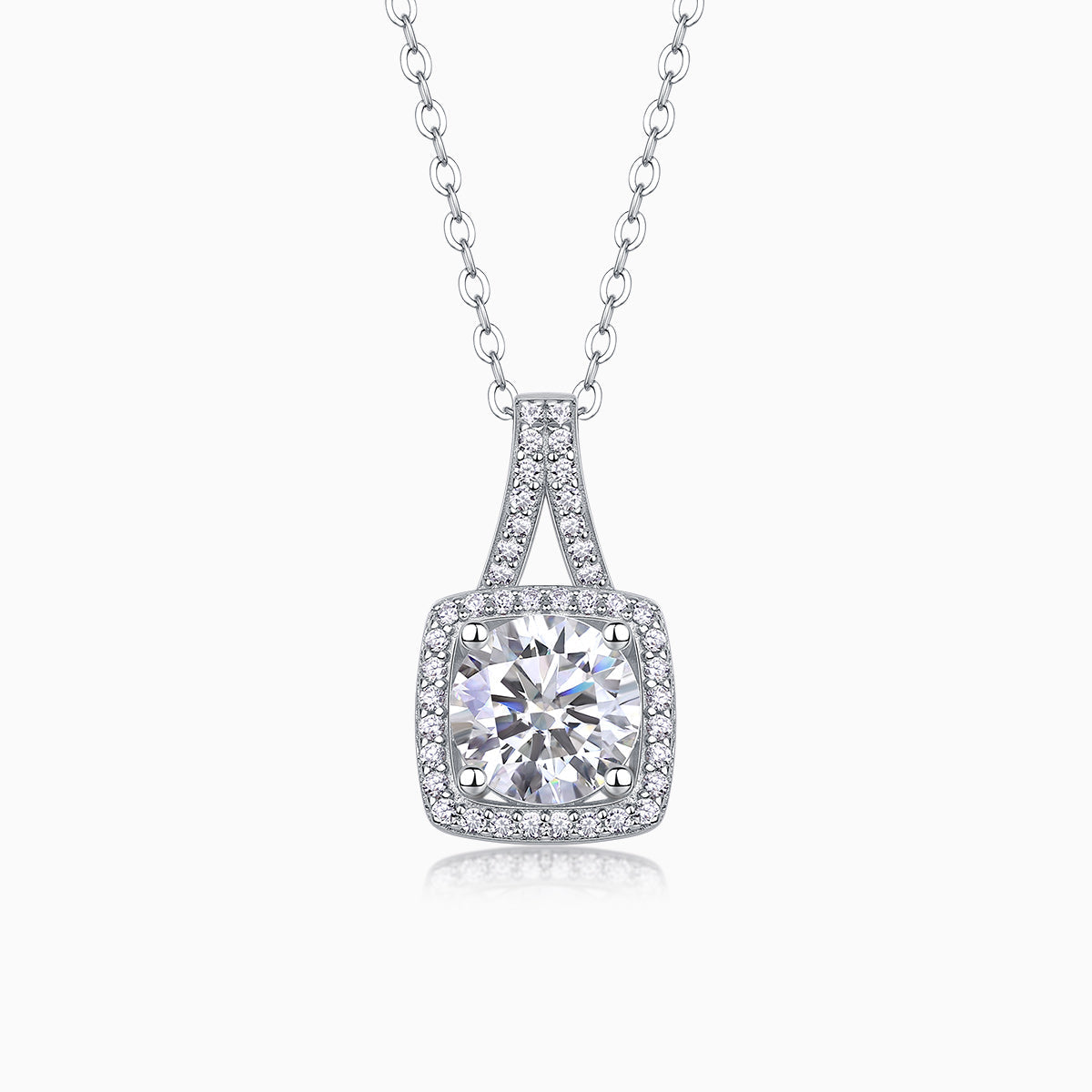 Cushion halo moissanite pendant necklace with square cushion center stone, white gold vermeil