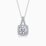 Cushion halo moissanite pendant necklace with square cushion center stone, white gold vermeil