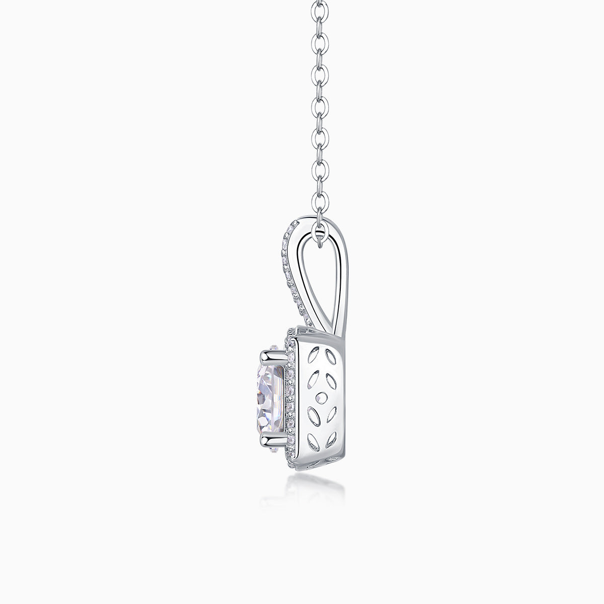 Cushion halo moissanite pendant necklace showing engraved open back with side-set stones
