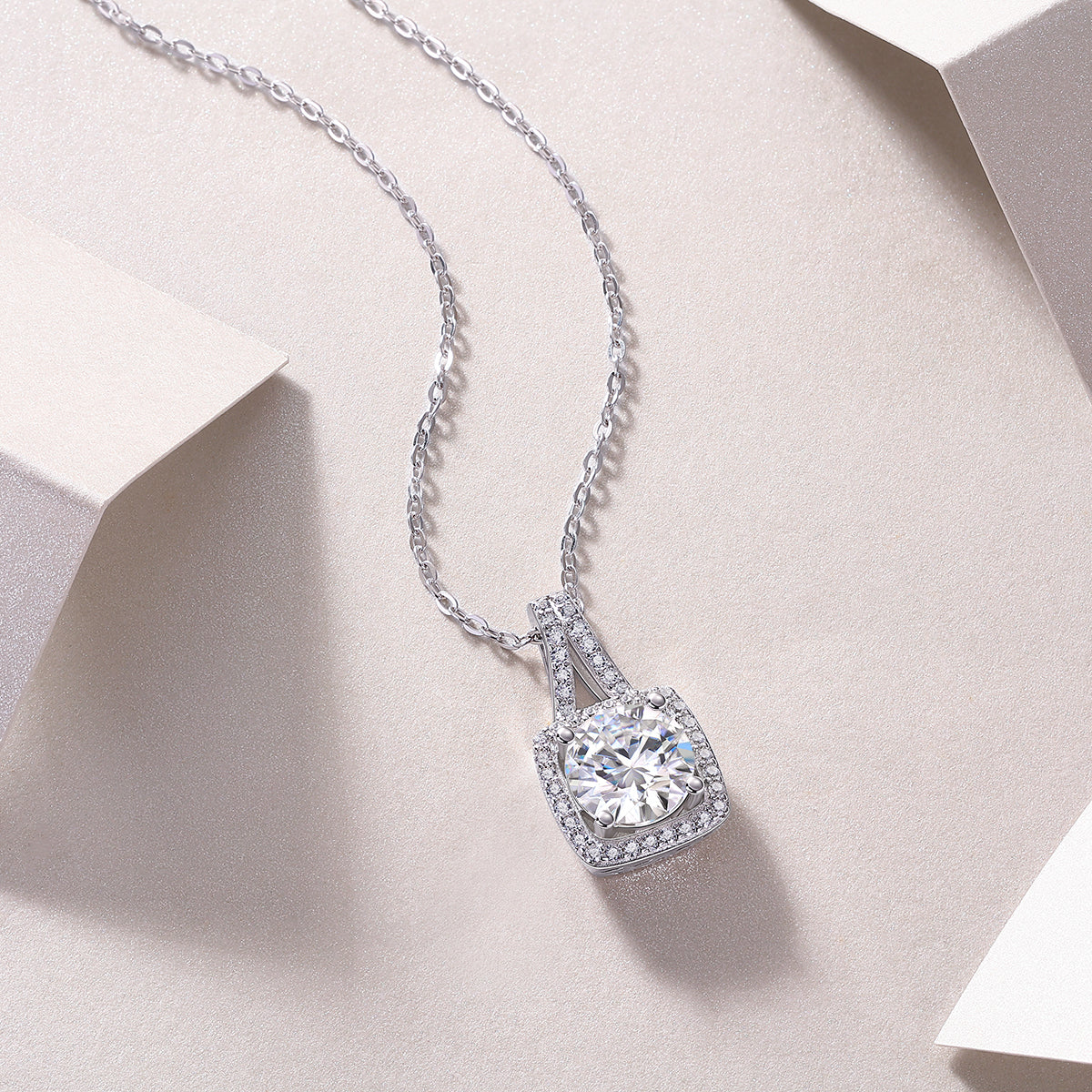 Cushion halo moissanite pendant necklace with radiant center stone and sparkling pavé frame