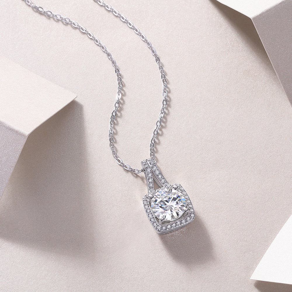 Cushion halo moissanite pendant necklace with radiant center stone and sparkling pavé frame