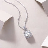 Cushion halo moissanite pendant necklace with radiant center stone and sparkling pavé frame