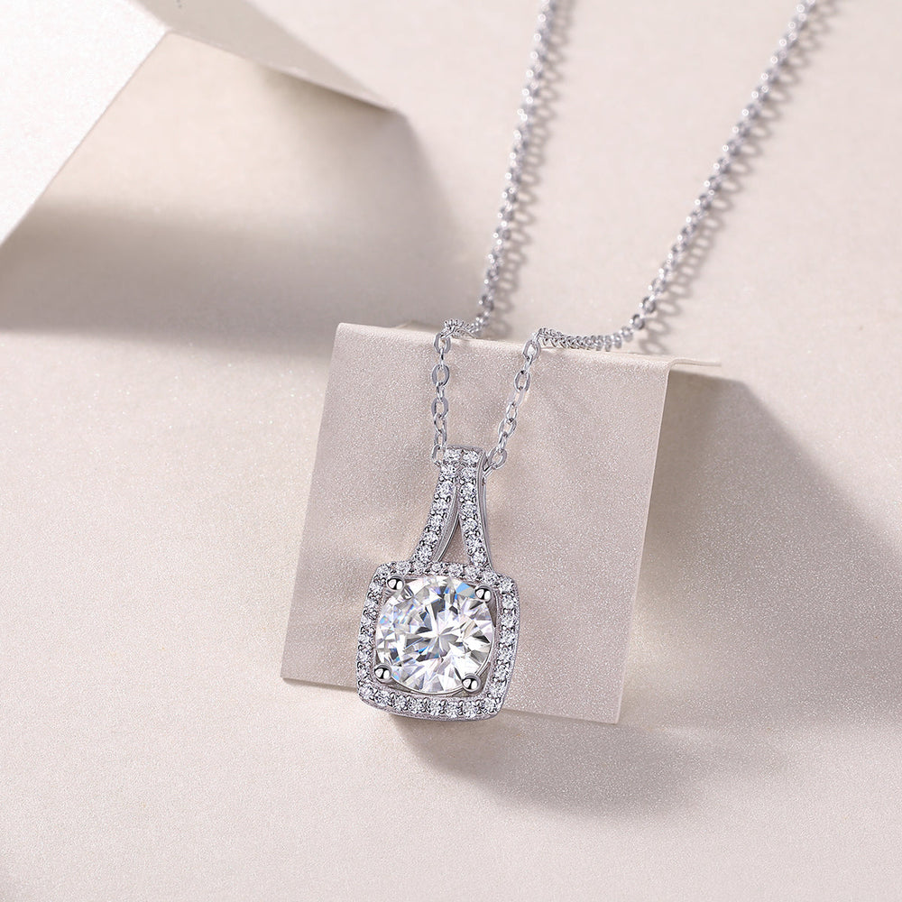 Cushion halo moissanite pendant with prong-set center stone and pavé border, white gold