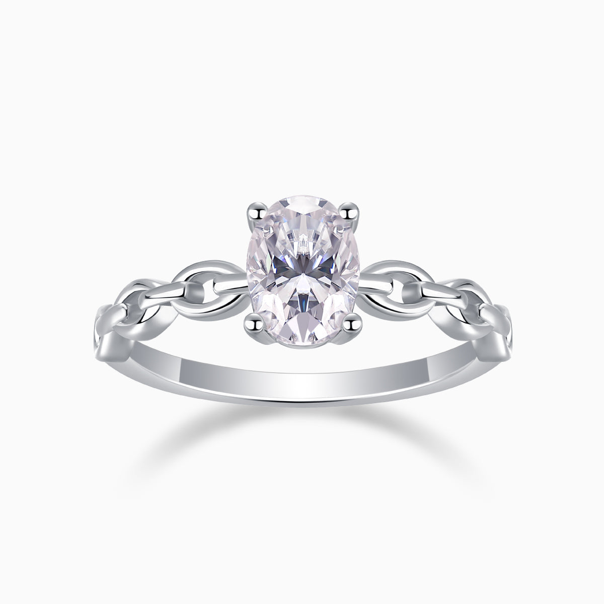 Oval moissanite chain link band ring in white gold vermeil, oval center stone